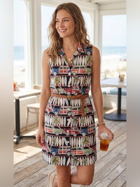 Weekend Clothes Line Dresses & Skirts - 90s Woody Wagon Surfer Aloha Button Front Sleeveless Dress